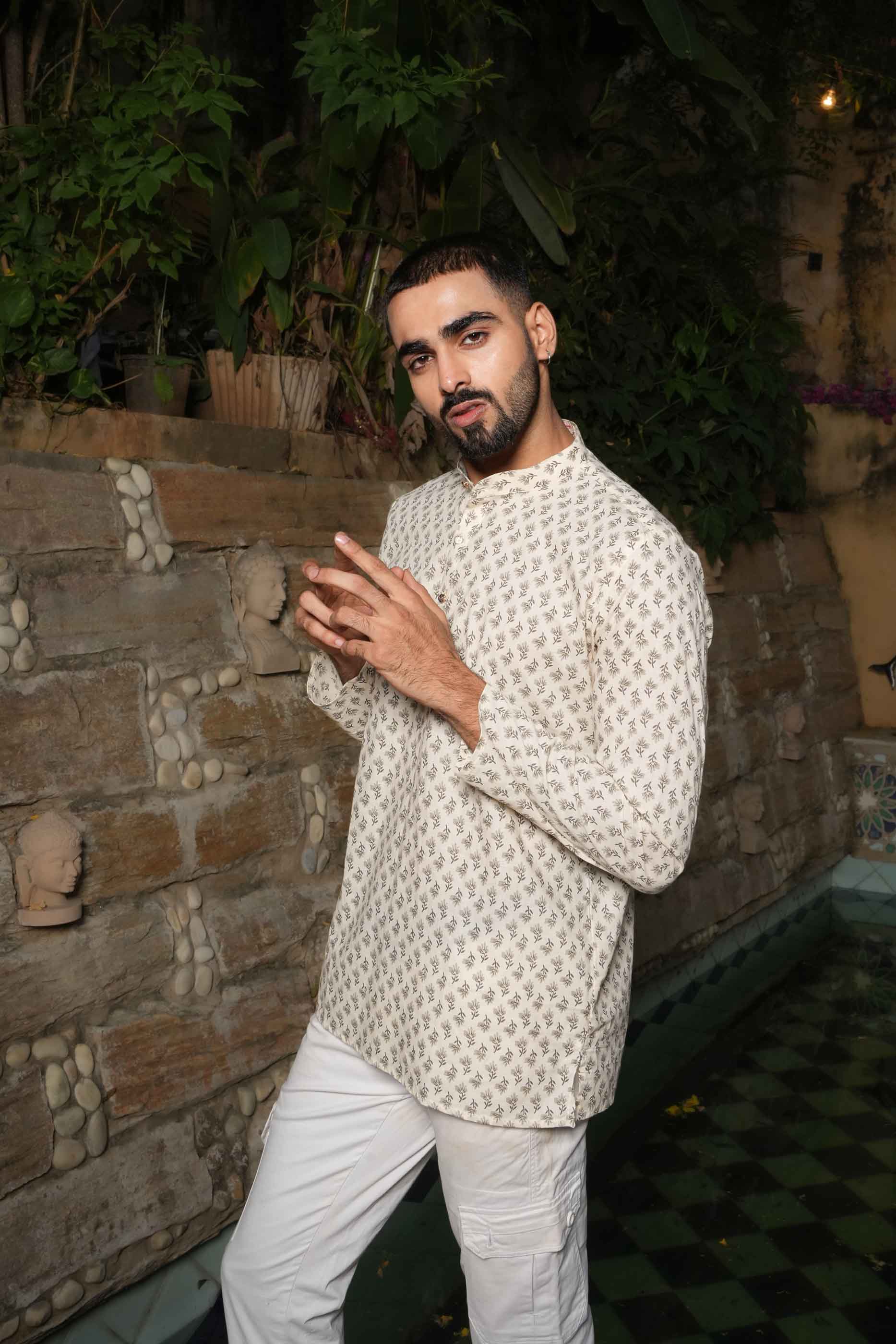 Grey Floral Printed Short Kurta